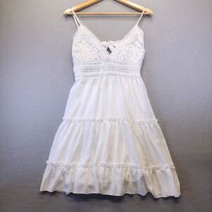 Ecowish White Boho Lace Mini Dress Crochet V-Neck Tiered Ruffle Summer Medium